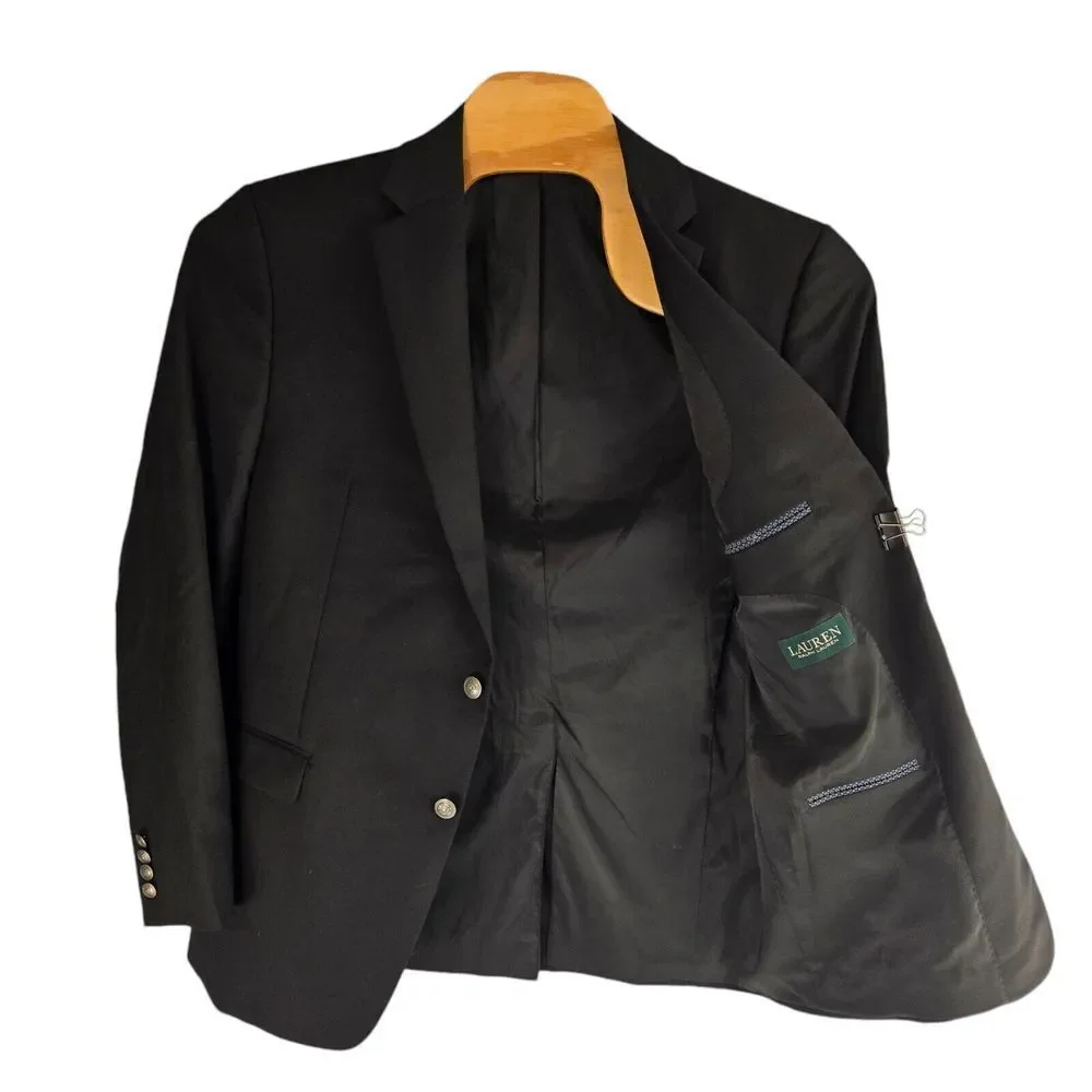 Lauren Ralph Lauren Mens 43L Solid Black Wool Metal‎ Button Blazer Sport Coat